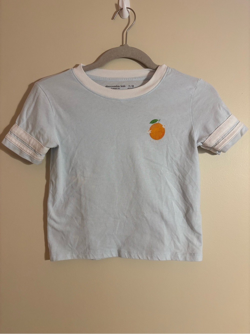 Abercrombie Kids Light Blue Miami Orange Graphic Ringer Tee size 7/8